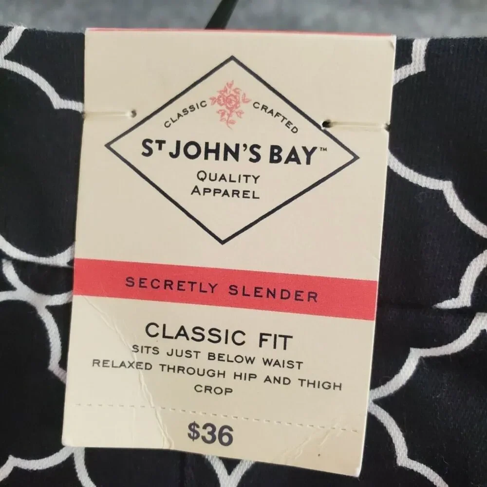 St Johns Bay Crop Pants Women 10 Slender Classic Fit Black White Bold Minimalist